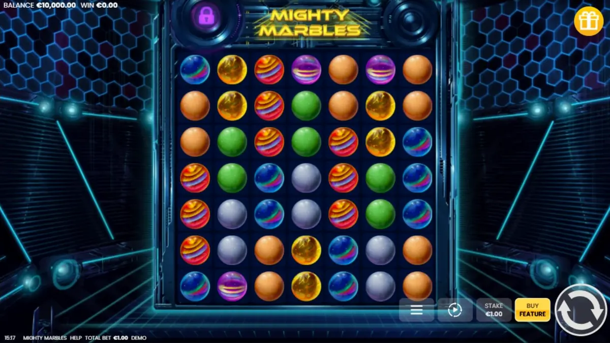 Tampilan visual slot Mighty Marbles dengan tema neon kosmik dan grid 7x7