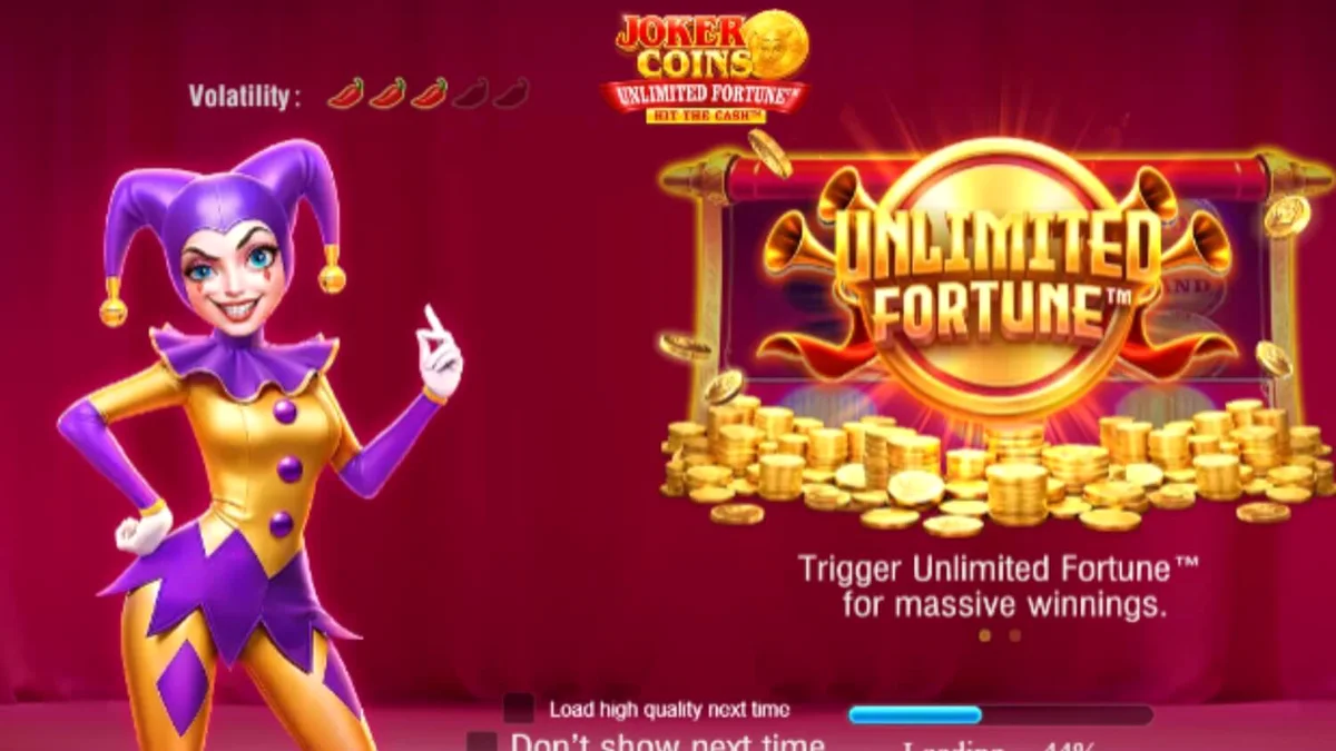 Tampilan antarmuka seluler Joker Coins Unlimited Fortune dengan grafis neon yang cerah