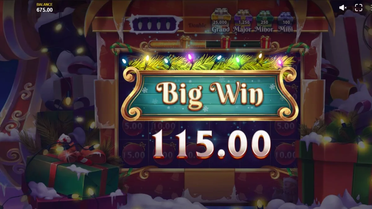 Tampilan antarmuka seluler slot Jingle Bells Bonanza 2 dengan tema Natal yang meriah